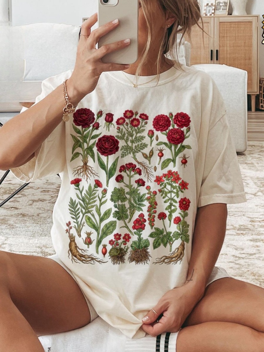 Floral Botanical Graphic Tee - Off White with Red Flowers